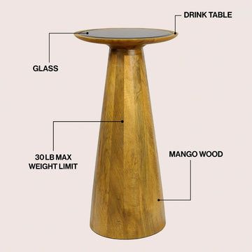 Linden 21.5" Farmhouse Industrial Mango Wood Drink Table and Decorative End Table with Round Black Glass Top and Cone Pedestal Base